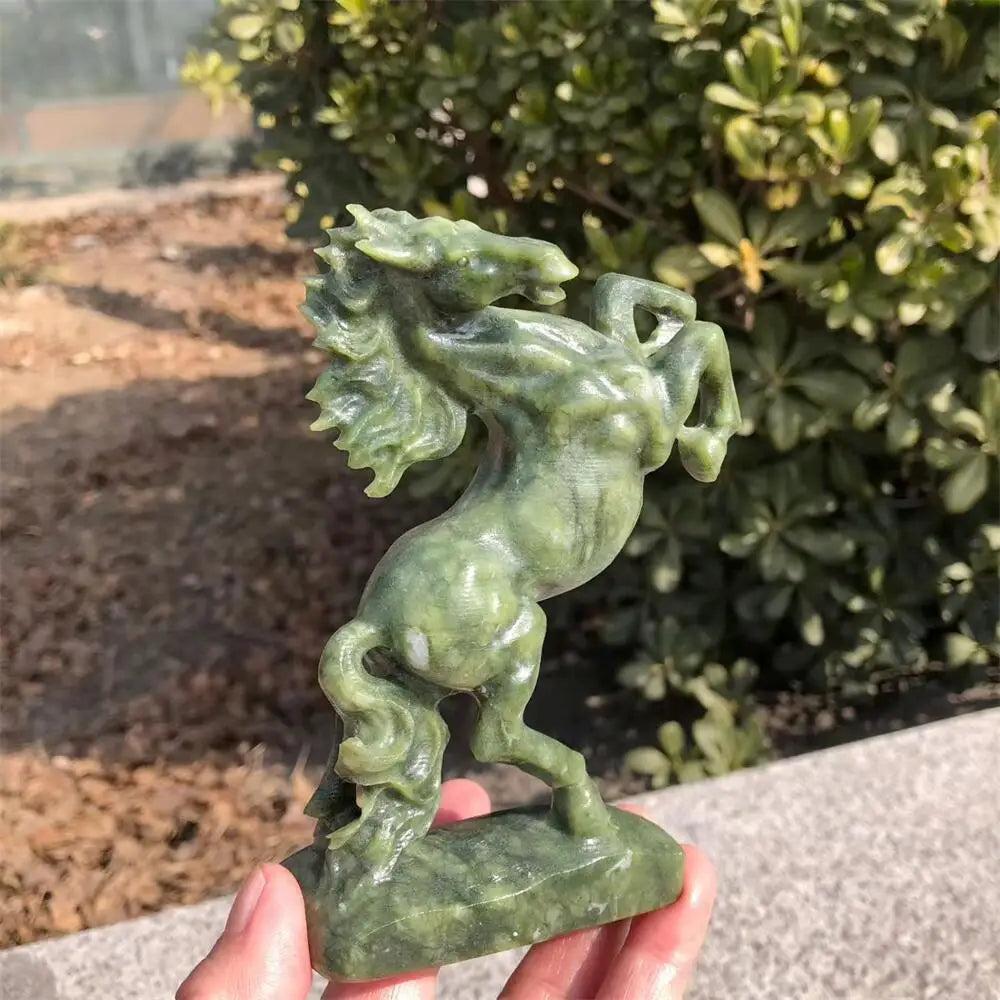 Hand-carved Ophiolite horse sculpture in deep, polished green stone for grounding energy and chakra balance.