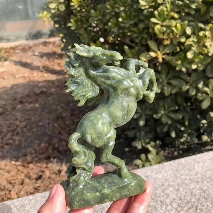 Hand-carved Ophiolite horse sculpture in deep, polished green stone for grounding energy and chakra balance.