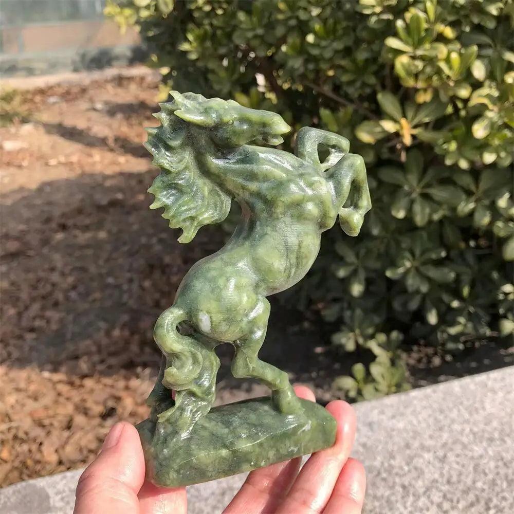 Hand-carved Ophiolite horse sculpture in deep mottled green, featuring a polished finish for grounding energy.