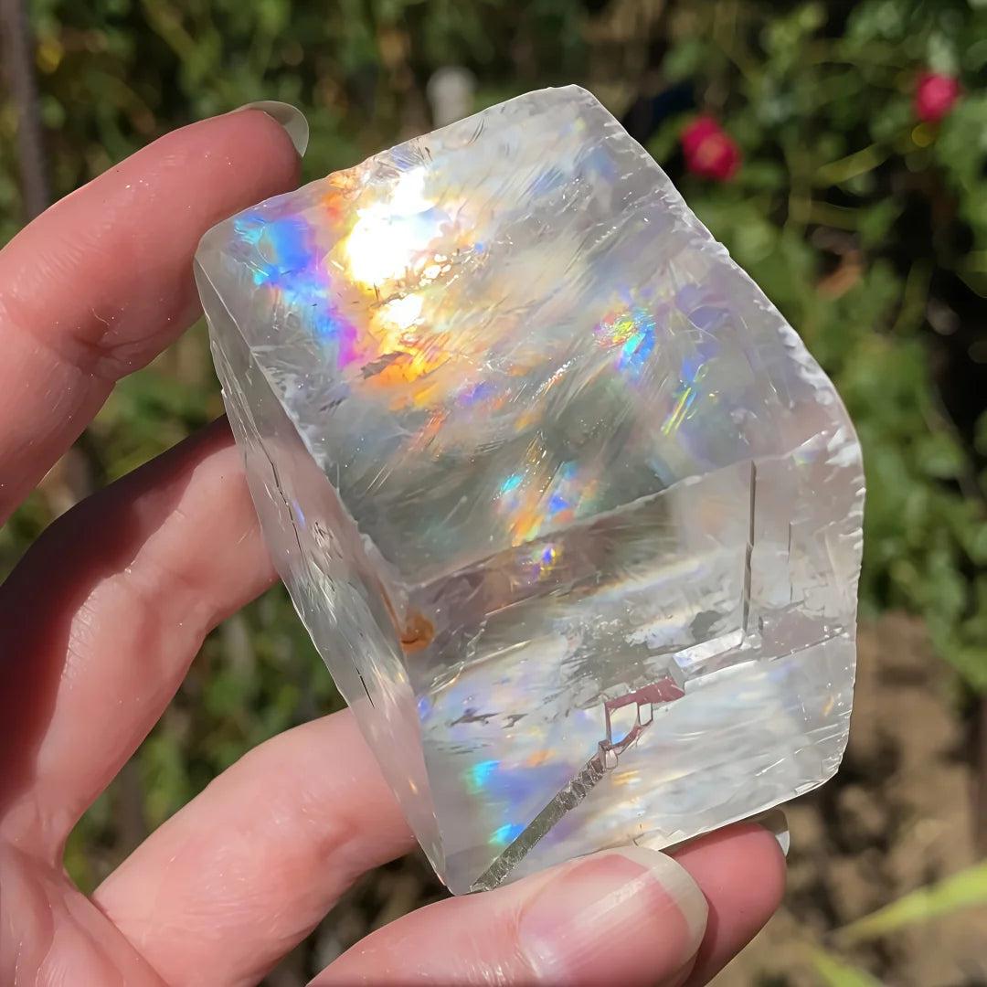 Clear Brazilian Optical Calcite cube held in hand, showing vibrant rainbow refractions and natural clarity.