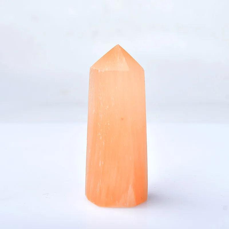 Natural orange selenite crystal point, 60-70mm hexagonal wand for healing and home decor.