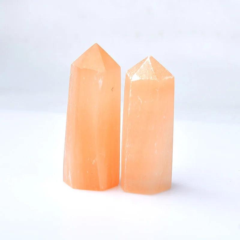 Two natural orange selenite crystal points, 60-70mm hexagonal wands for healing and home decor.