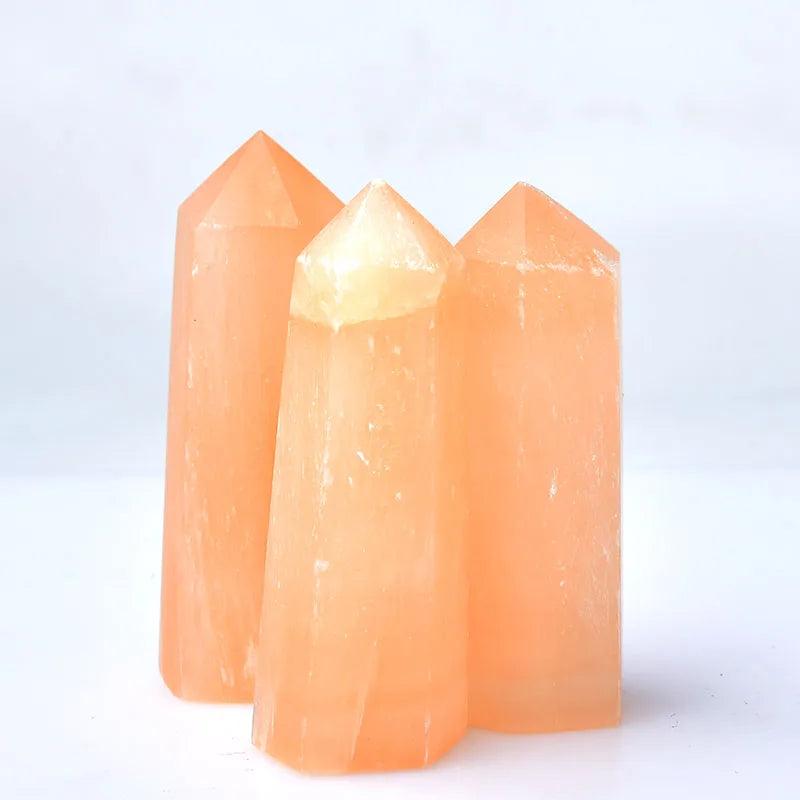 Three natural orange selenite crystal points, 60-70mm hexagonal wands for healing and home decor.