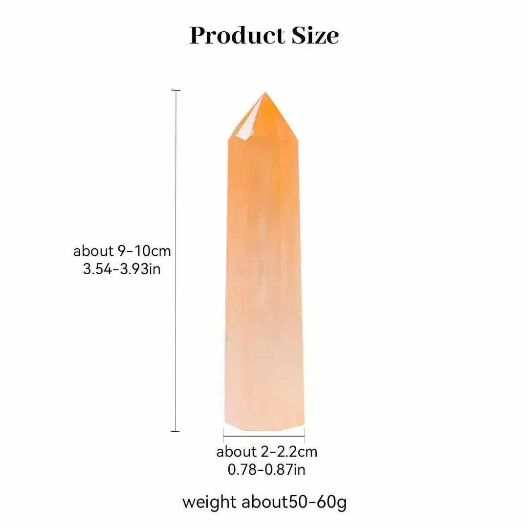 Polished orange selenite tower point with silky fibers, 90-100mm, perfect for sacral chakra cleansing and creative energy.