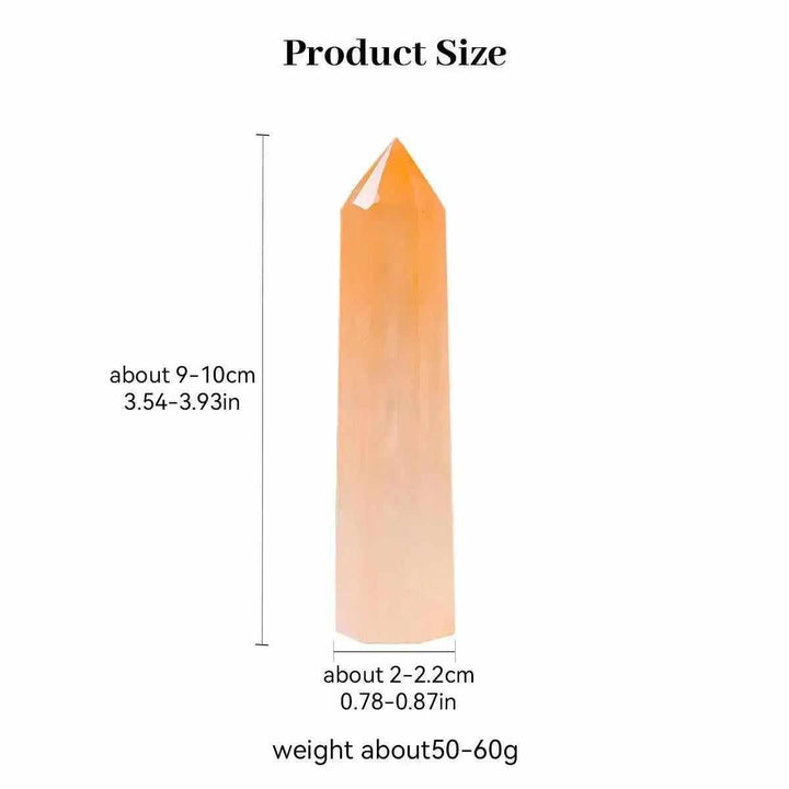 Polished orange selenite tower point with silky fibers, 90-100mm, perfect for sacral chakra cleansing and creative energy.