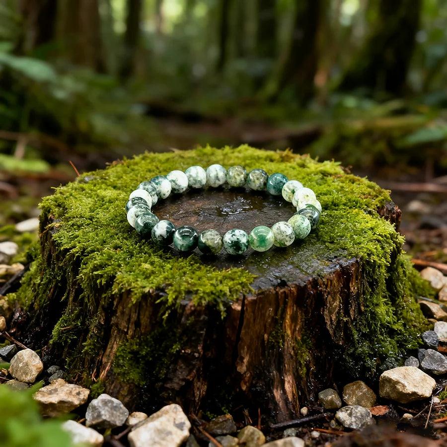 Original Tree Agate Bracelet with natural green and white stone beads, promoting healing and spiritual balance.