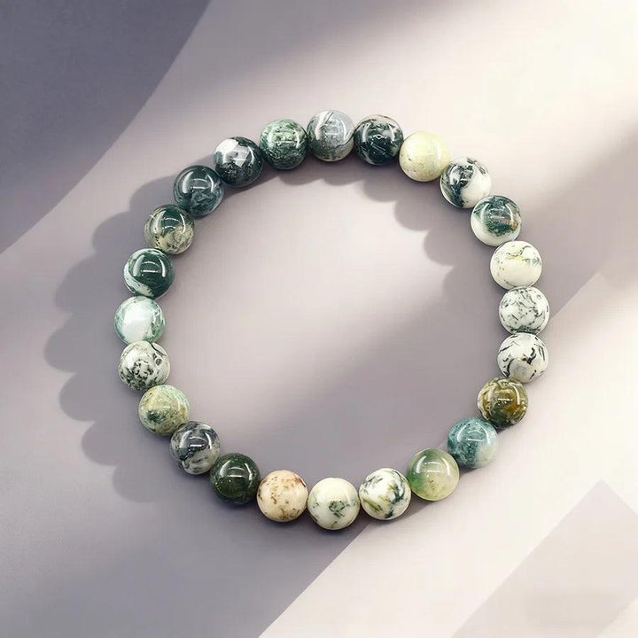 Original Tree Agate Bracelet with natural green and white stone beads for healing, yoga, and meditation.