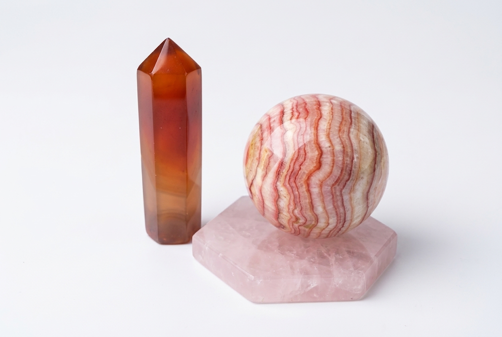 Passion and Romance Crystal Bundle: Carnelian point, Rhodochrosite sphere and Rose Quartz hexagon slice