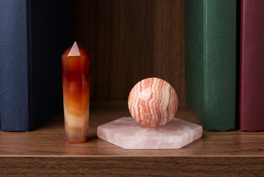 Passion & Romance crystal set: Carnelian, Rhodochrosite and Rose Quartz on a bookshelf