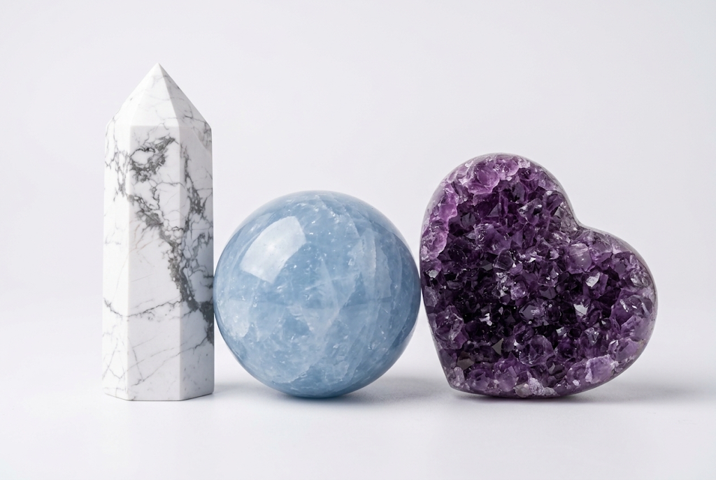 Peace and Tranquility Crystal Bundle: Howlite tower, Celestite sphere and Amethyst cluster heart