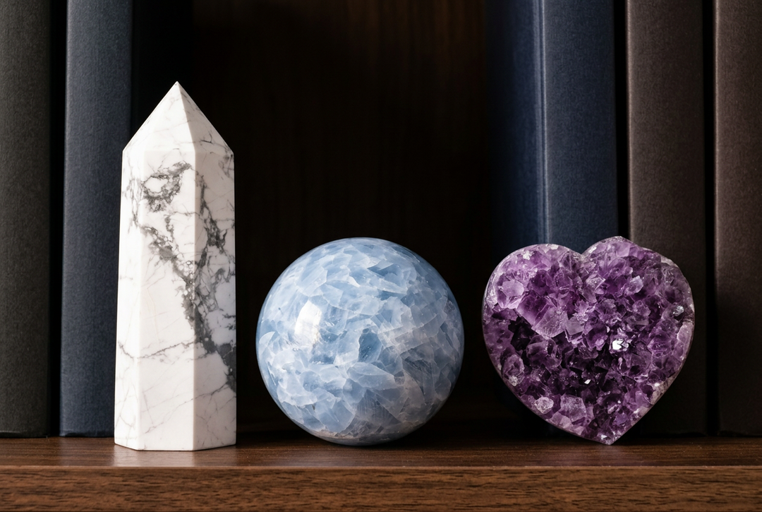 Peace & Tranquility crystal set: Howlite, Celestite and Amethyst on a bookshelf