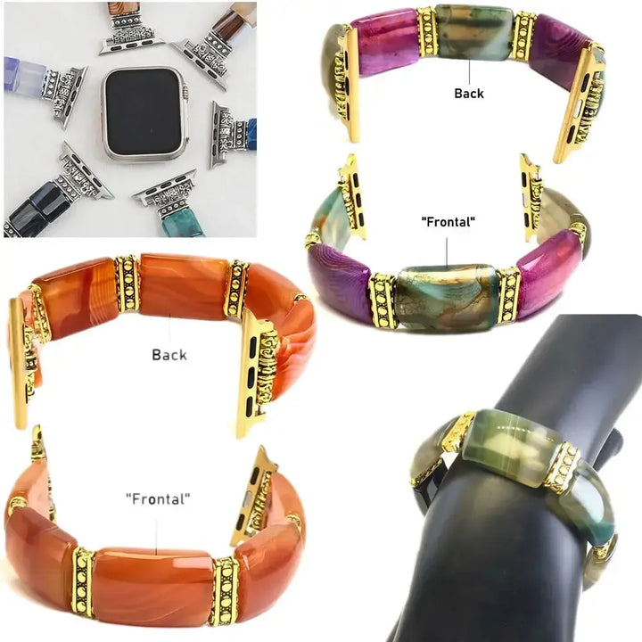 Peacock Agate Wide Link Apple Watch Bands-Bands-Crystal Destiny-Peacock Color-Large-Apple 38-41MM Plate-Crystal Destiny