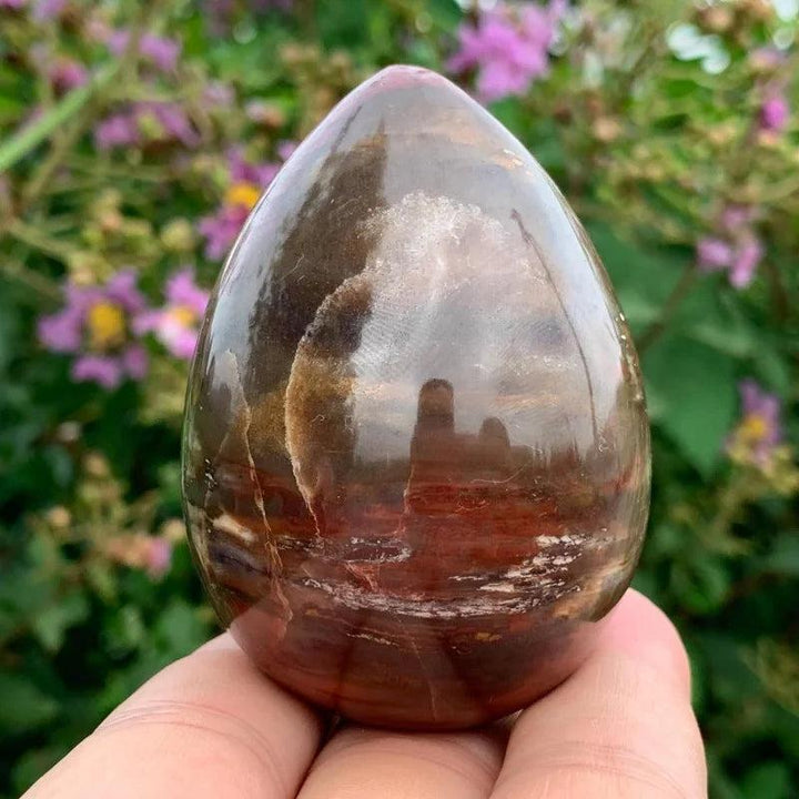 Polished petrified wood crystal egg stone in brown and tan for grounding and root chakra healing.