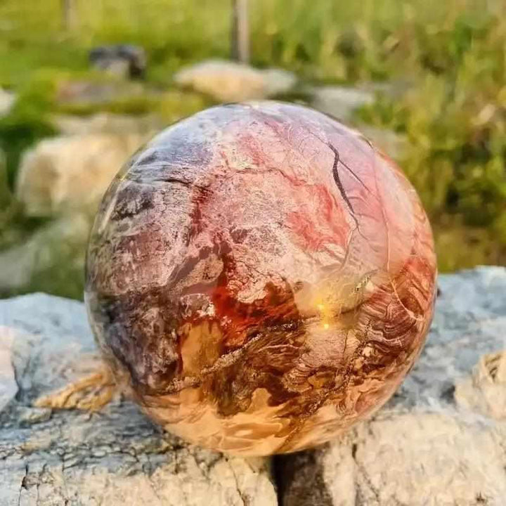Polished petrified wood sphere with swirling brown and tan grain for Root Chakra grounding and steady growth.
