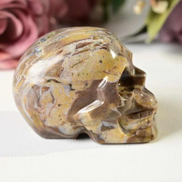 60mm hand-carved petrified wood skull with warm brown and tan grain, a grounding root chakra fossil for your collection.
