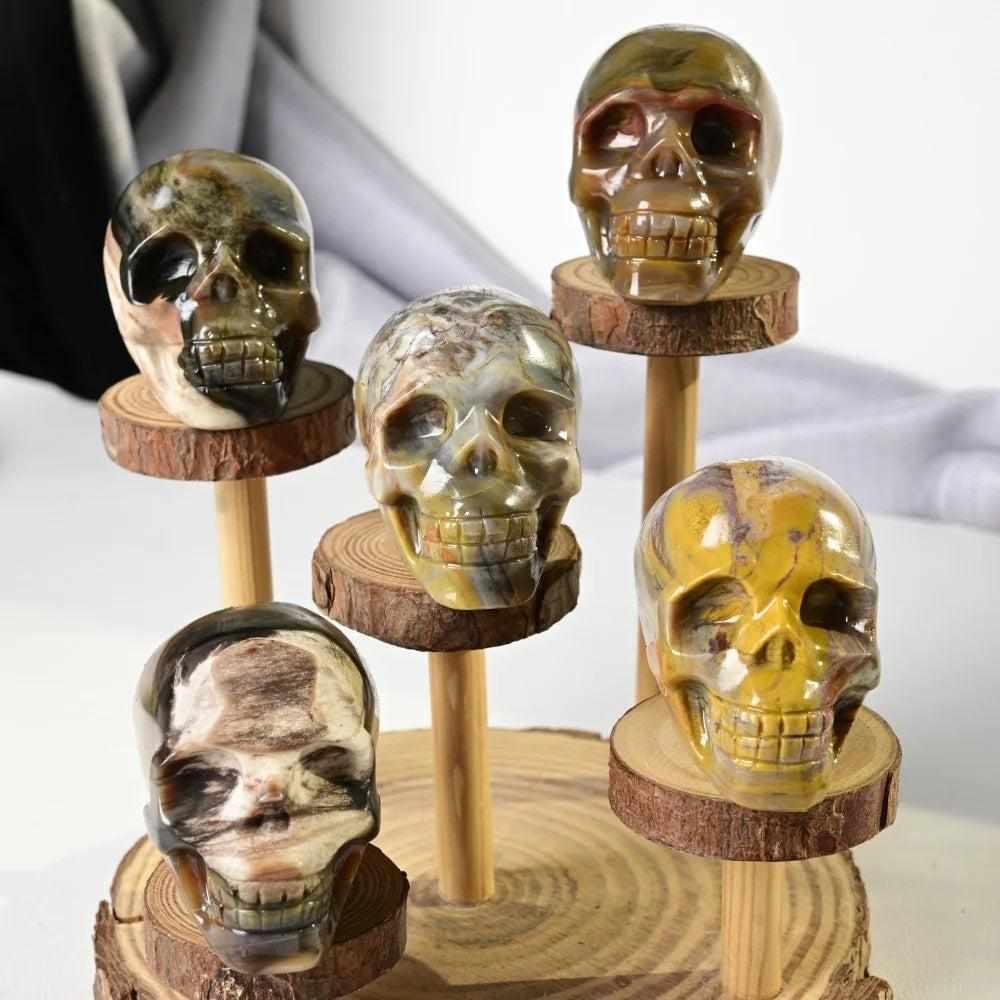 Hand-carved 60mm petrified wood skull, a grounding root chakra stone with unique brown and tan fossilized wood grain.