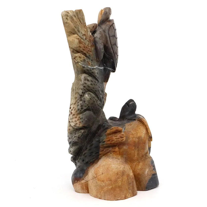 Hand-carved Picasso Jasper sea turtles figurine, 153MM, with earthy browns, creams, and blacks for grounding and stability.