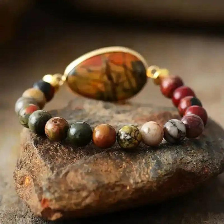 Picasso Jasper Stretch Bracelet with smooth 8MM natural stone beads and a central oval Picasso Jasper stone, promoting balance and clarity.