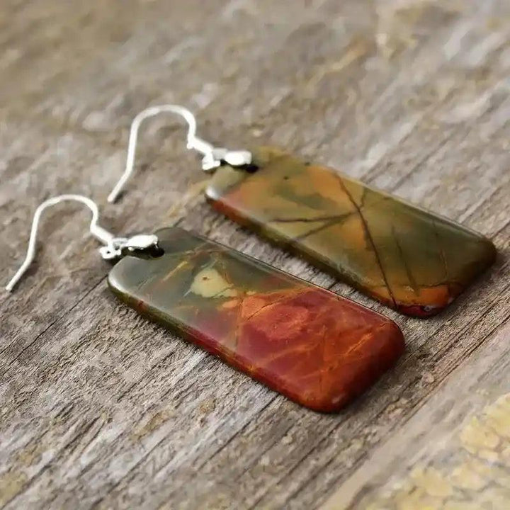 Boho Picasso Jasper Drop Earrings with unique abstract patterns in warm tans, creams, blacks, grays, and rusty reds.