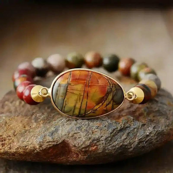 Crystal Destiny Picasso Jasper stretch bracelet with earthy 8MM beads and a large oval centerpiece.