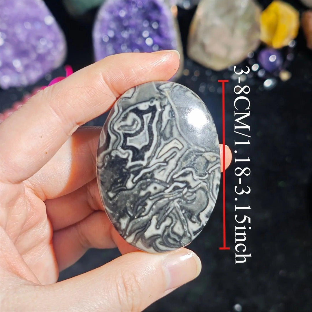 Polished Picasso stone palm ornament with natural dragon-like striped patterns, 3-8cm healing crystal for meditation.