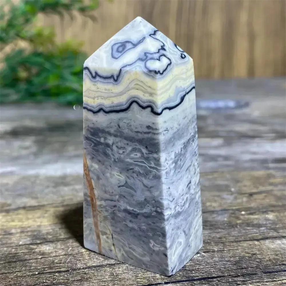 Picasso Stone Crystal Tower: Unique gray, white, and black abstract patterns for grounding and creativity.