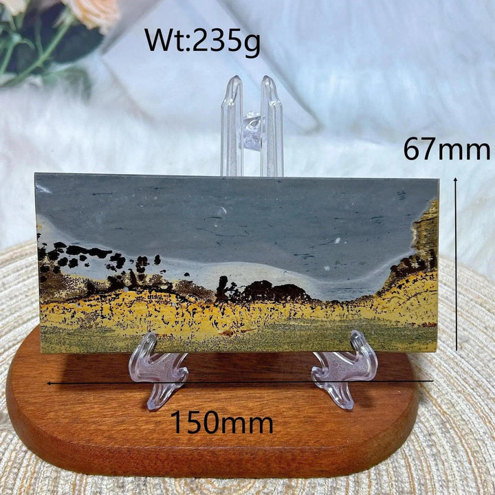 Polished Picture Jasper crystal slab from Crystal Destiny, displaying earthy brown, yellow, and grey landscape patterns.