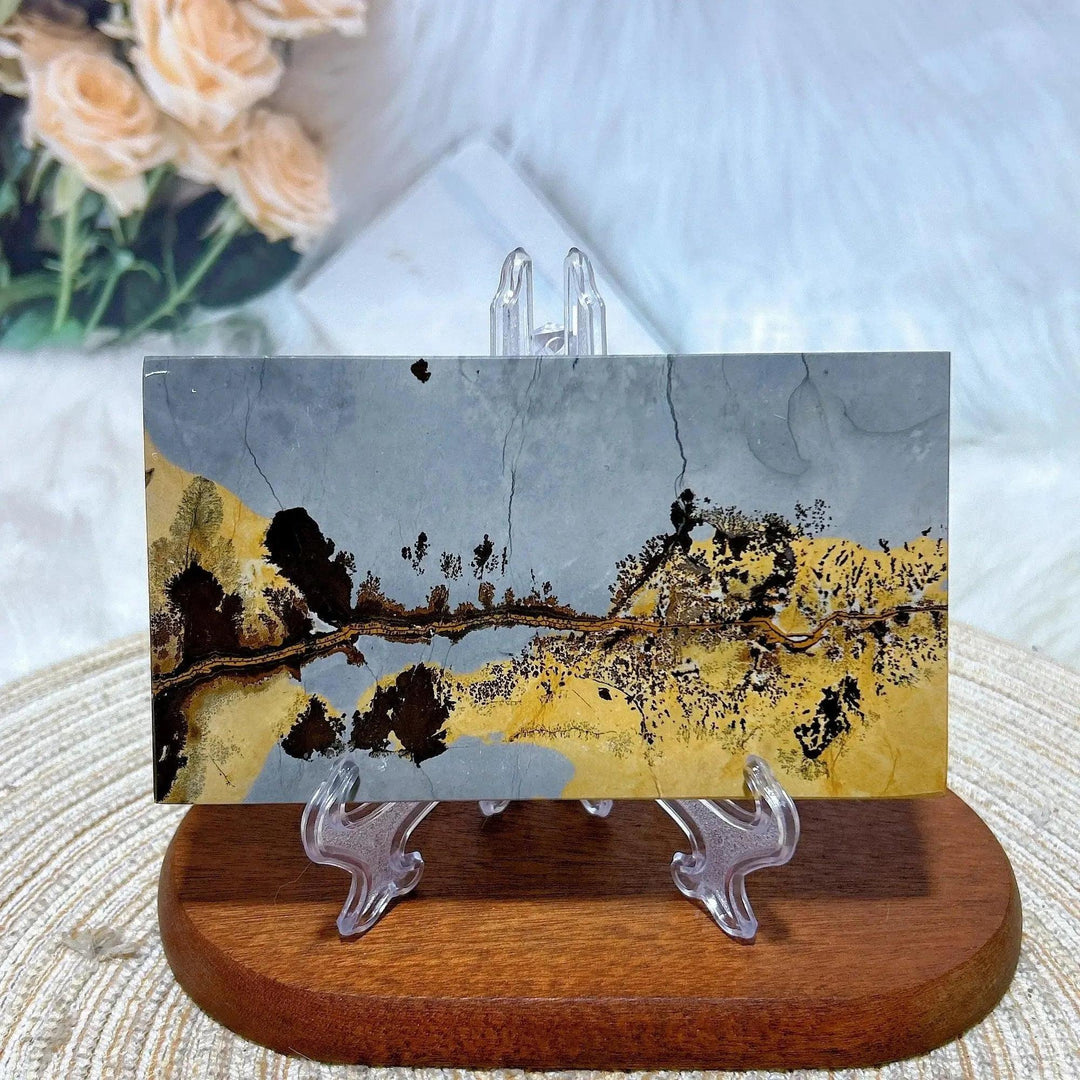 Polished Picture Jasper crystal slab from Crystal Destiny, featuring a natural landscape of gray, yellow, and brown.
