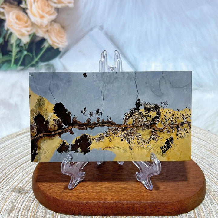 Polished Picture Jasper crystal slab from Crystal Destiny, featuring a natural landscape of gray, yellow, and brown.