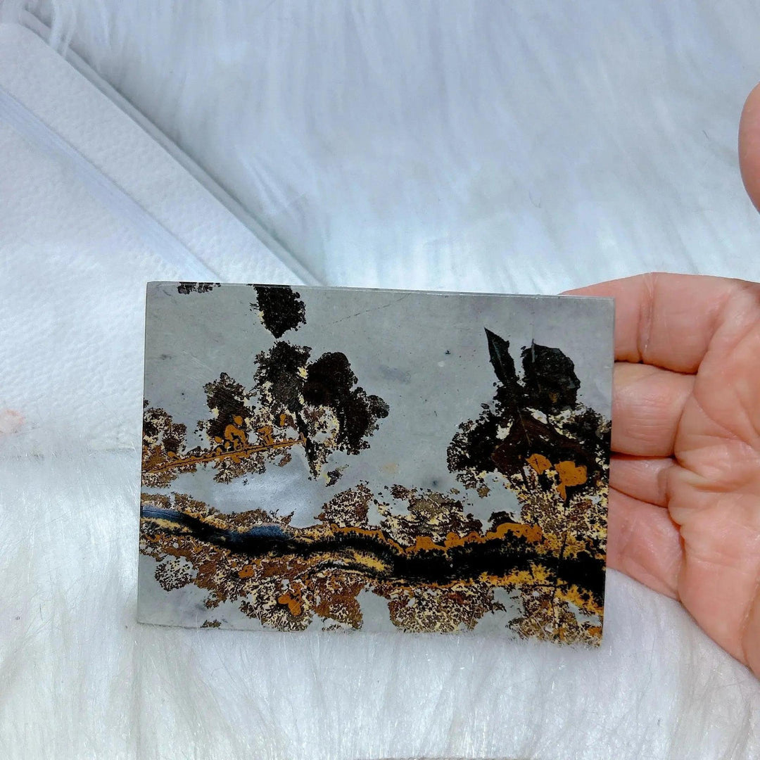 Picture Jasper crystal slab from Crystal Destiny, showcasing unique earthy brown and black landscape patterns on gray.