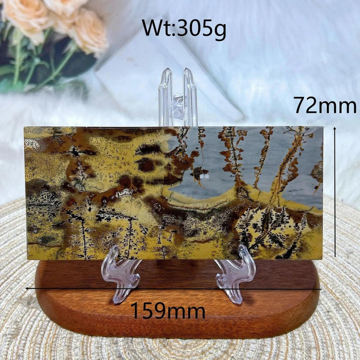 Polished Picture Jasper crystal slab from Crystal Destiny, displaying earthy brown, yellow, and grey landscape patterns.