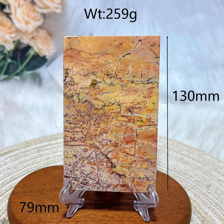 Polished Picture Jasper crystal slab from Crystal Destiny, displaying earthy brown, yellow, and red landscape patterns.