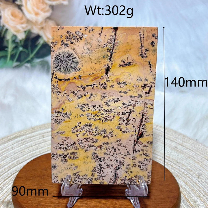 Polished Picture Jasper crystal slab from Crystal Destiny, featuring earthy yellow, brown, and black landscape patterns.