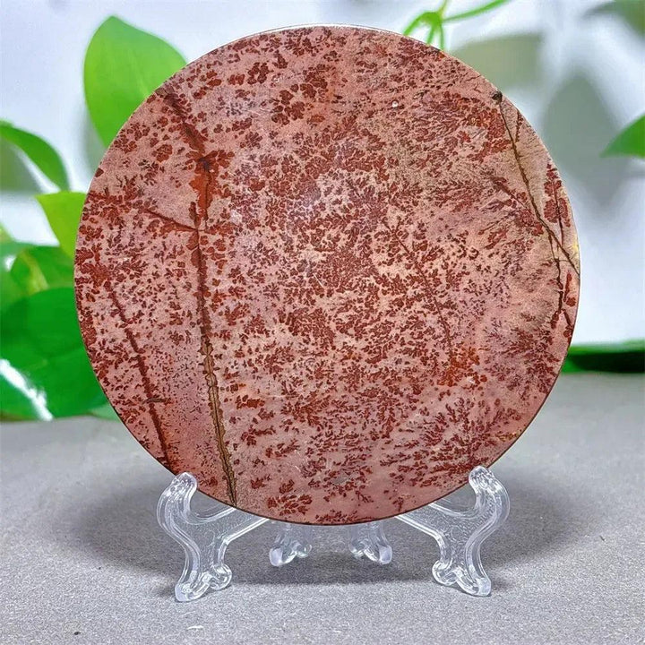 Crystal Destiny Picture Jasper slice with earthy red, cream, and brown landscape patterns on a clear display stand.