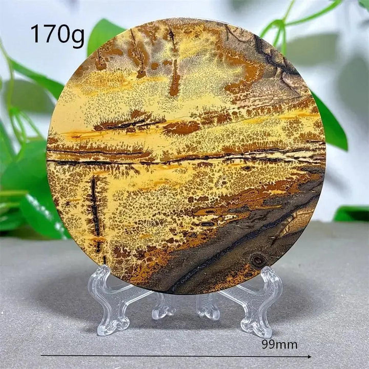 Crystal Destiny's 170g Picture Jasper crystal slice with desert landscape patterns, cream to deep brown, on a clear stand.