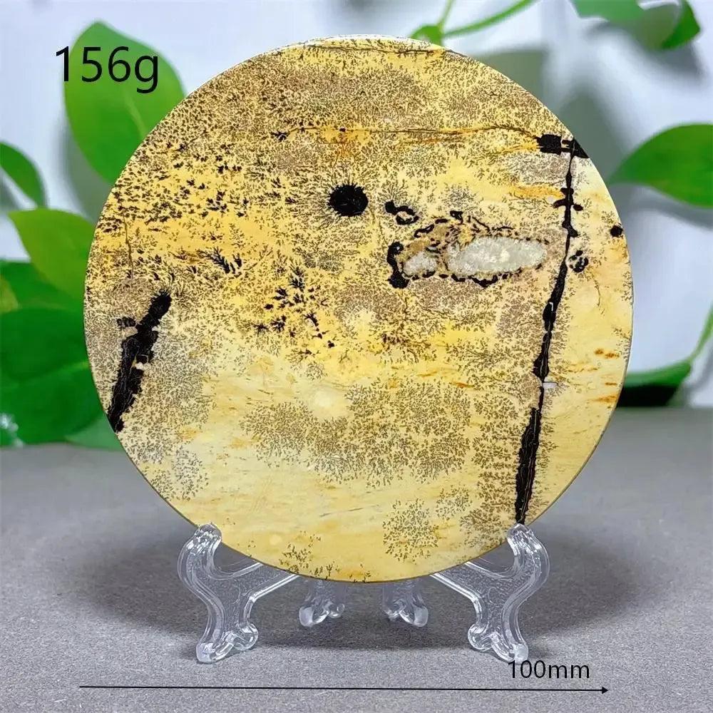 Crystal Destiny Picture Jasper slice, 100mm, 156g, with a clear stand, displaying natural cream, ochre, and deep brown landscape patterns.