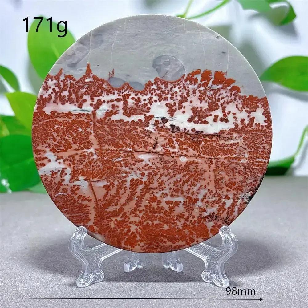 Round Picture Jasper crystal slice with red, white, and gray landscape patterns on a clear stand from Crystal Destiny.