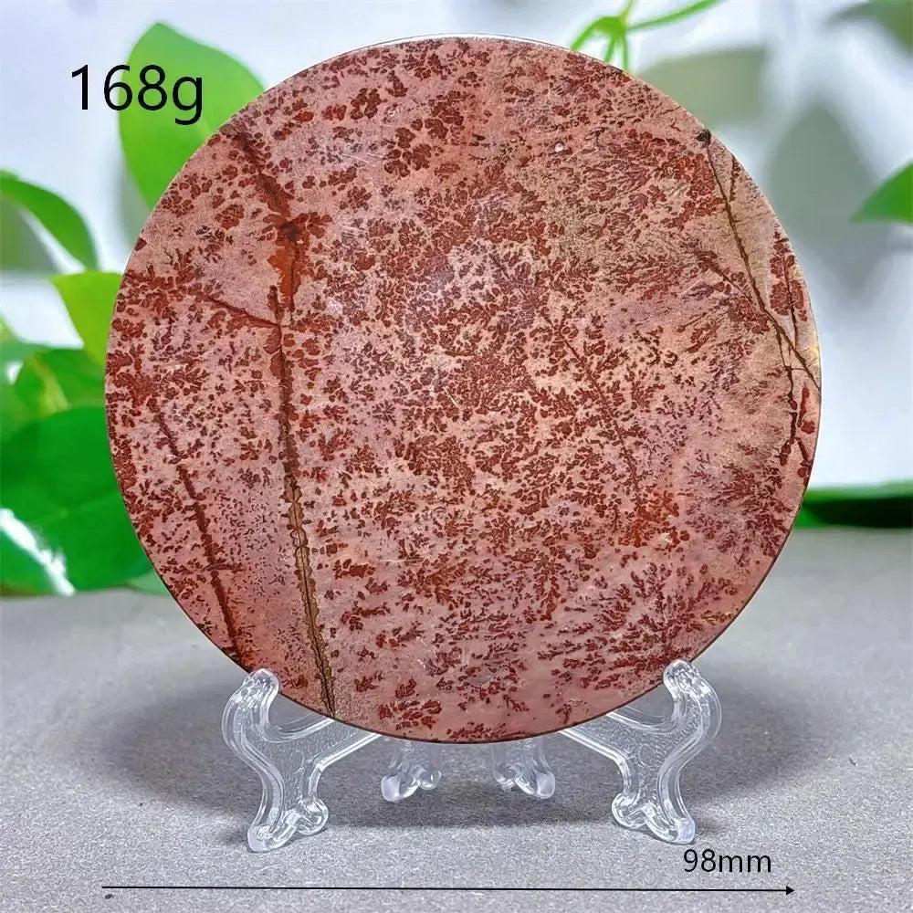 Round Picture Jasper crystal slice with earthy red and brown dendrite patterns on a clear stand from Crystal Destiny.