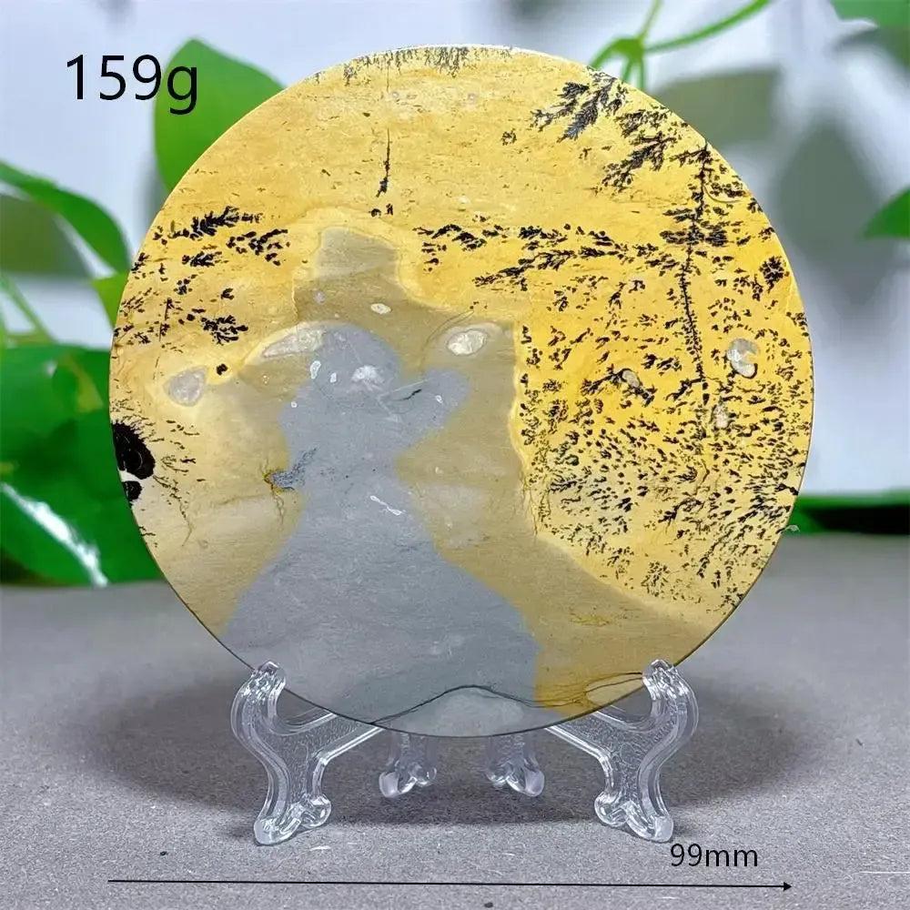 Round Picture Jasper crystal slice with desert landscape patterns on a clear stand from Crystal Destiny.