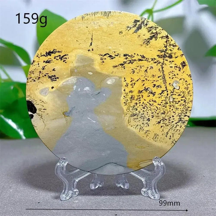 Round Picture Jasper crystal slice with desert landscape patterns on a clear stand from Crystal Destiny.