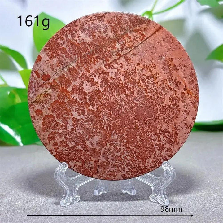 Crystal Destiny's 161g Picture Jasper crystal slice, 98mm, with a clear stand, showcasing earthy red and brown landscape patterns.