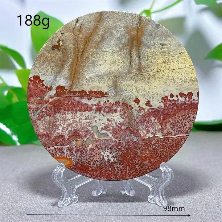 Crystal Destiny Picture Jasper slice, 98mm, 188g, with stand. Earthy red, cream, and brown landscape patterns.
