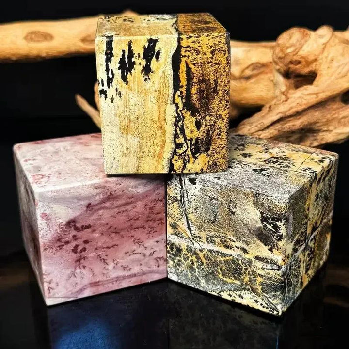 Polished Picture Jasper cube from Crystal Destiny, 50-60mm, with earthy tones and unique landscape patterns.