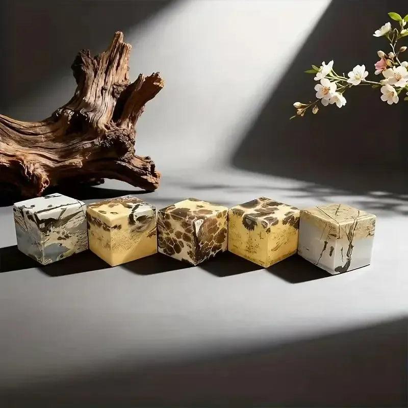 Five polished Picture Jasper cubes from Crystal Destiny, 50-60mm, displaying earthy tones and unique landscape patterns.