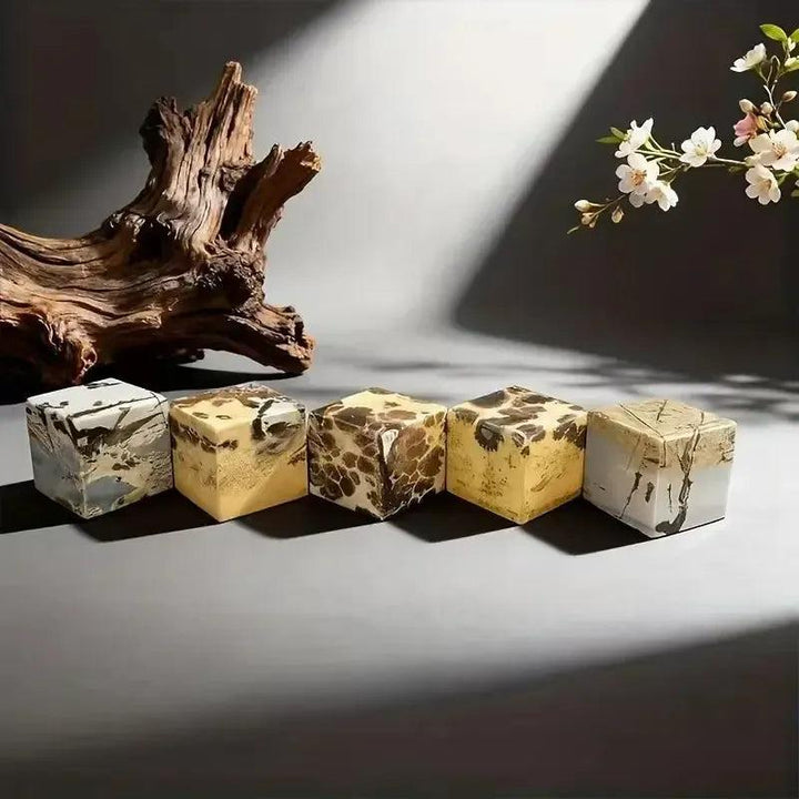 Five polished Picture Jasper cubes from Crystal Destiny, 50-60mm, displaying earthy tones and unique landscape patterns.