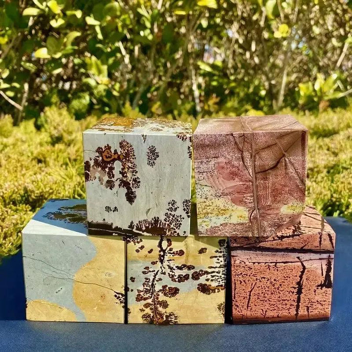 Polished Picture Jasper cubes, 50-60mm, showcasing unique earthy patterns and grounding energy from Crystal Destiny.