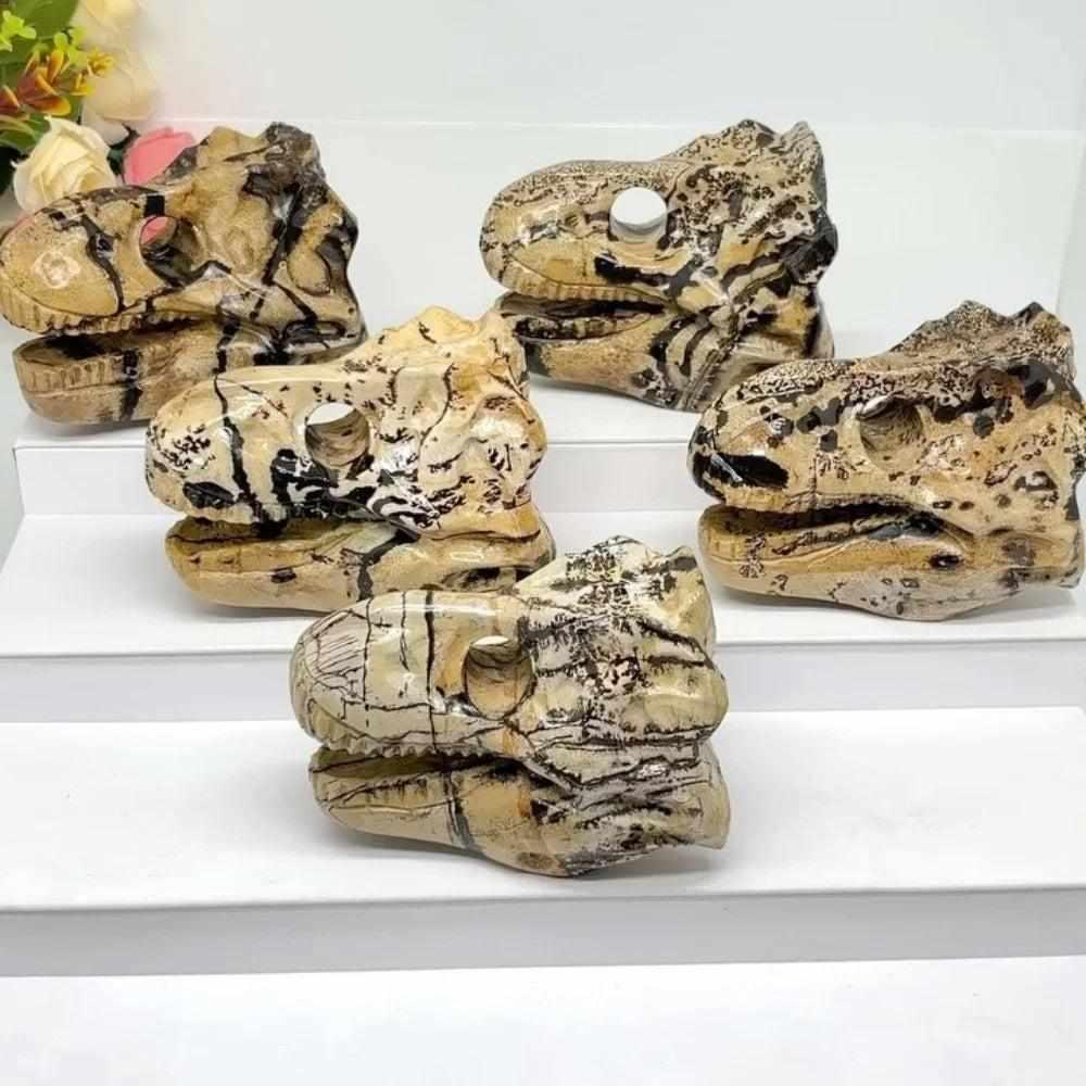 Hand-carved Picture Jasper dinosaur head with earthy tan and brown landscape patterns for grounding and inspiration.