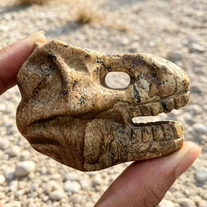 Hand-carved Picture Jasper dinosaur head with earthy tan and brown landscape patterns for grounding and inspiration.
