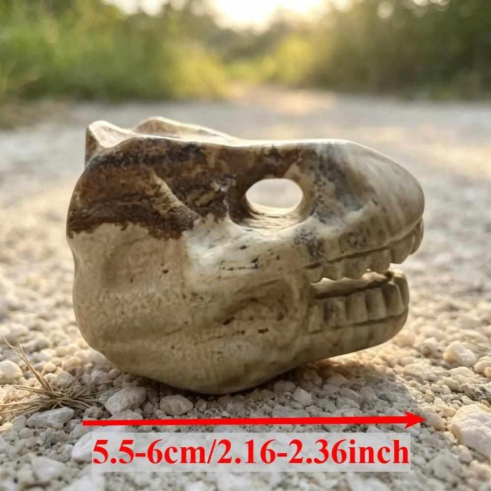 Hand-carved 5.5-6cm Picture Jasper dinosaur head with earthy tan and brown patterns for grounding and creative inspiration.