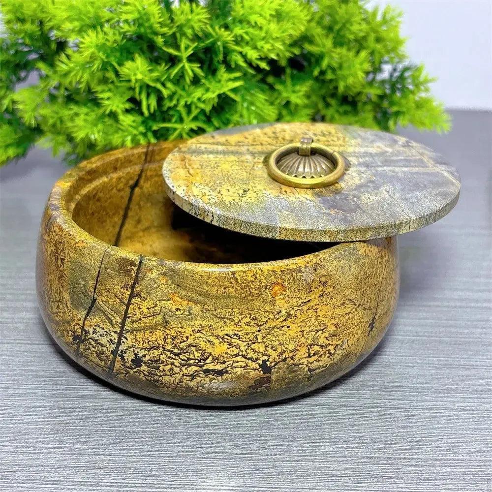Hand-carved Picture Jasper Lidded Bowl with sweeping desert tones, perfect for sacred objects.
